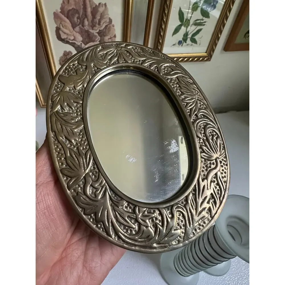 Vintage table mirror Crowning Touch Collection Framed Oval Gold brass easel 6”